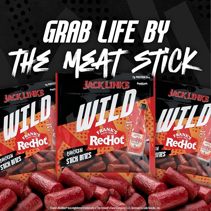 Jack Link's Wild Chicken Stick Bites Made with Frank's RedHot Flavor, Mini Meat Sticks, Shareable Under 100 Calories Snack Packs with 7g of Protein, Bulk Pack of Individual Bags – 4oz (8 Count)