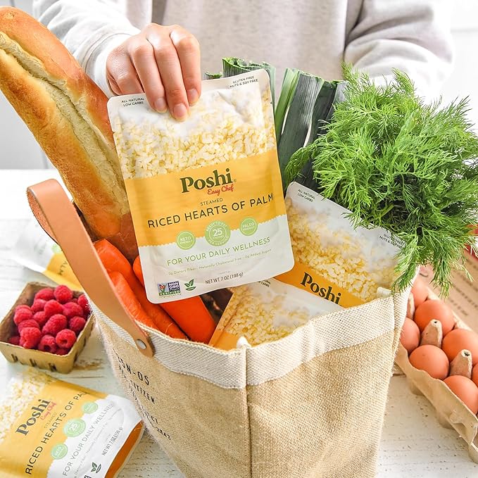 POSHI Riced Heart Of Palm | All Natural, Fully Cooked, Ready to Eat, Non-GMO, Low Calorie + Carb, Gluten Free, Vegetable Rice, Meals, On The Go, Plant-Based, Healthy, Veggies (7oz, 6 Pack)