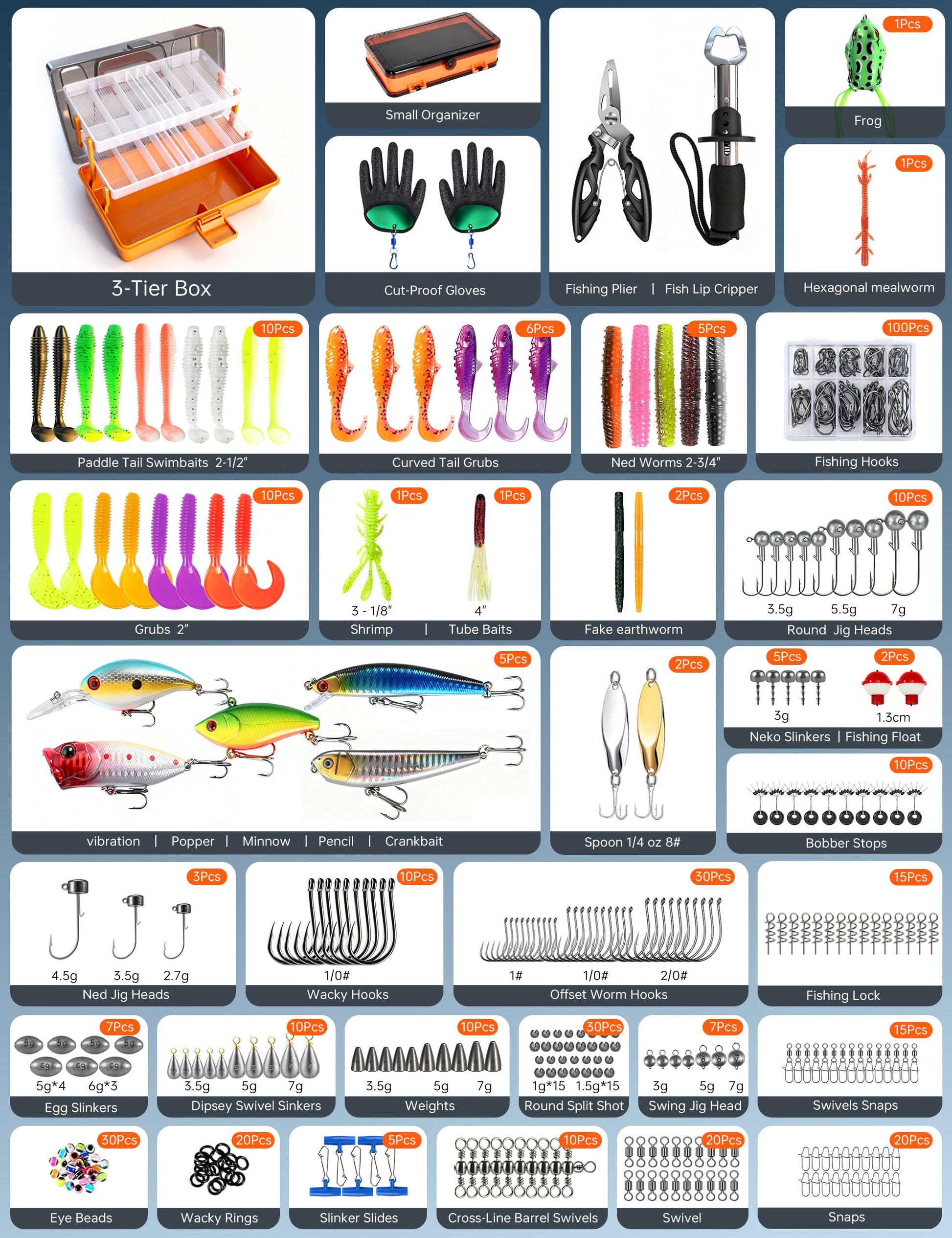 Large 3-Layer Tackle Box with Tackle Included, 417Pcs Fishing Lures Kit