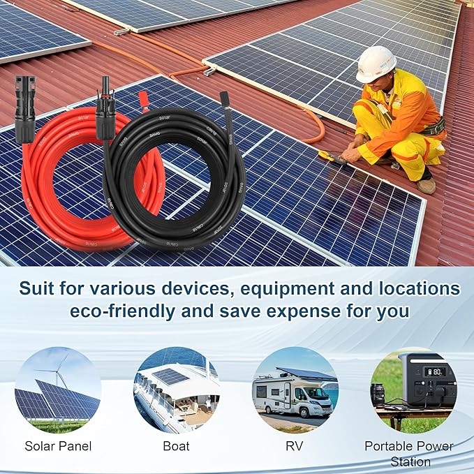 50 FEET 8AWG Solar Panel Extension Cable,8 Gauge Extension Cord, Solar Panel Wire with Extra Fair of Female and Male Quick Connectors Solar Adapter for RV, Off-Grid Systems (50FT Red + 50FT Black)