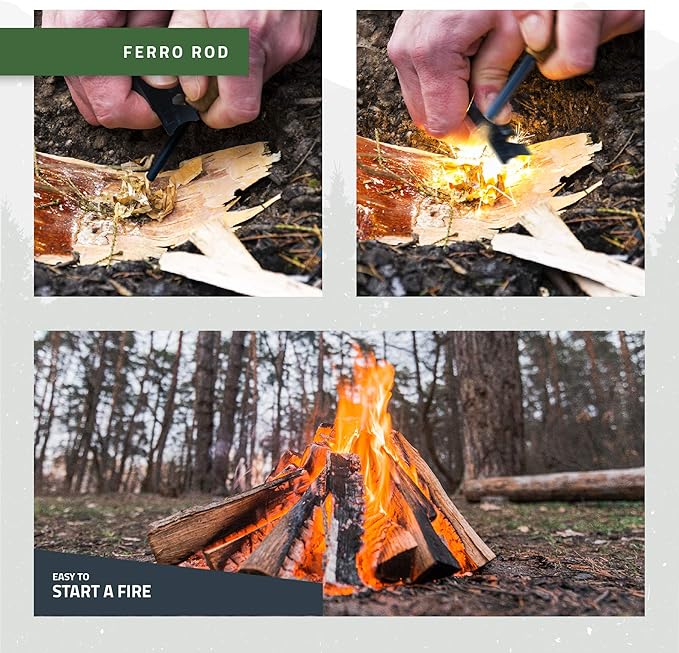 Ferro Rod Flint Fire Starter Kit with Handcrafted Wood Handle |5/16"- 3/8" Thick 12000-15000 Strikes |Survival Flint and Steel Rods with Multi-Tool Striker and Paracord Lanyard for Camping