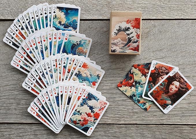 Roaring Waves and Majestic Beasts Playing Cards (Poker Deck 54 Cards All Different) Great Wave Japan Sakura and Ancient Demons Vintage Styled Illustration