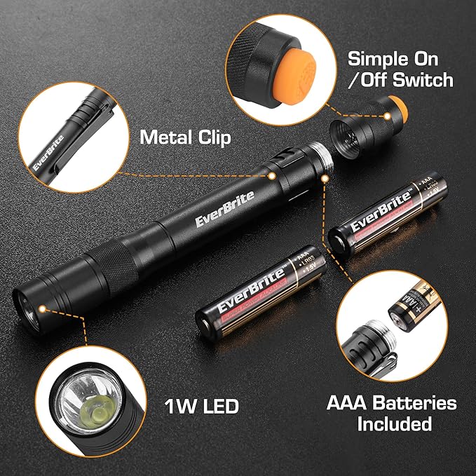 EverBrite Pen Light, 100LM Pocket Flashlights, Aluminum LED Pen Flashlights with Clip, 8 AAA Batteries Included, Pocket Flashlight for Camping, Emergency, Mechanic, Pack of 4, Black
