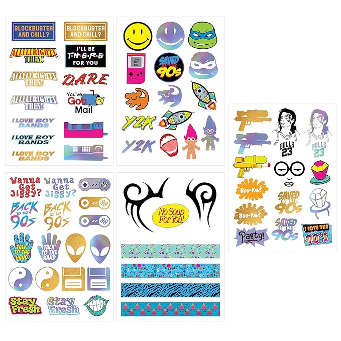 Throwback 90s Theme Temporary Tattoos (5 Pages) - Funny 1990's Theme Party Decoration, Favors & Supplies multicolor