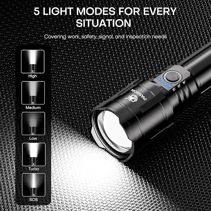 Rechargeable Flashlights High Lumens with Ignition Lens,2000 lumens LED Super Bright Zoomable FlashLight with 5 Mode, IPX6 Waterproof Powerful Tactical Flash light for Home,Gift,Outdoor and Emergency