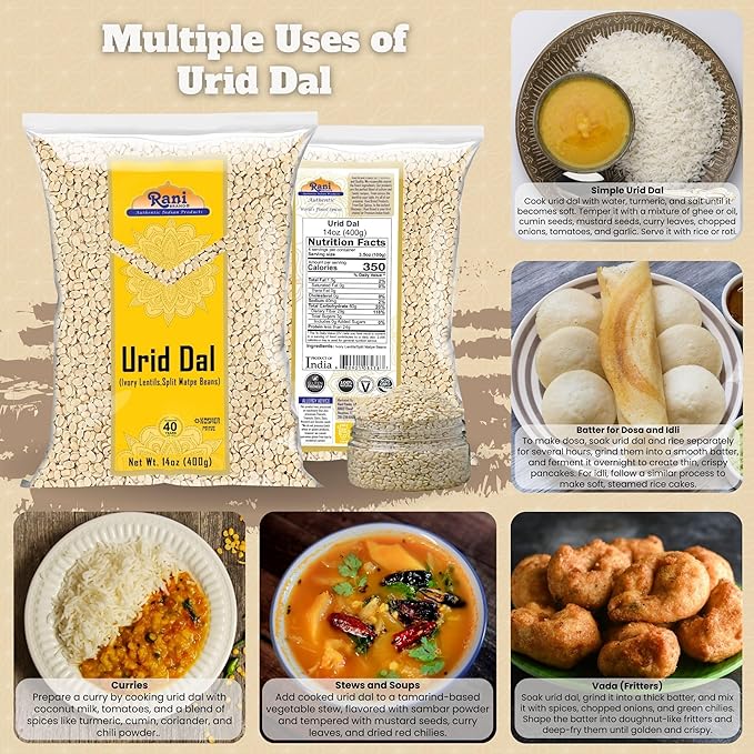 Rani Urid/Urad Dal (Split Matpe Beans Skinless) Indian Lentils 14oz (400g) ~ All Natural | Gluten Friendly | NON-GMO | Kosher | Vegan | Indian Origin
