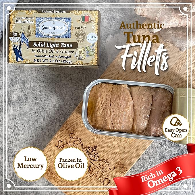 Santo Amaro - Artisanal Wild Tuna Fillets in Olive Oil & Ginger, Pole & Line Wild Caught Tuna from Portugal, Hand-Packed Bali-Style Canned Tuna Fish, 22g Protein, Paleo, Keto, Low Mercury, Pack of 3