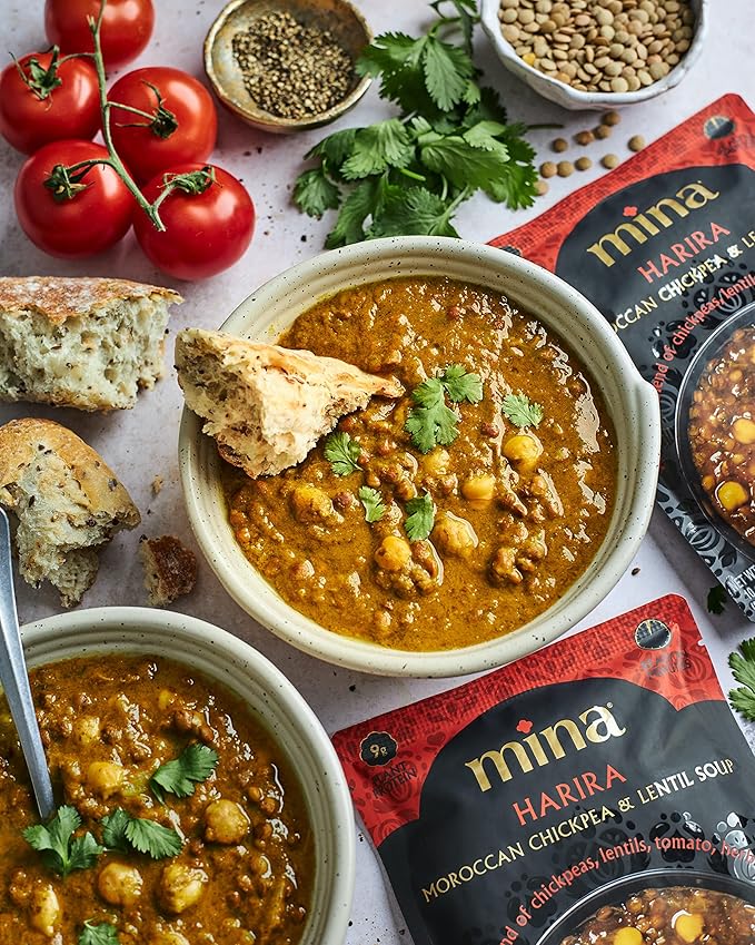 Mina Harira, Moroccan Chickpea & Lentil Soup, Ready to Eat Meals,10 oz Gluten Free Soup, High In Plant Based Protein, Microwavable Soup, Vegan, Non-GMO, Packaged Meals & Side Dishes (Pack of 6)