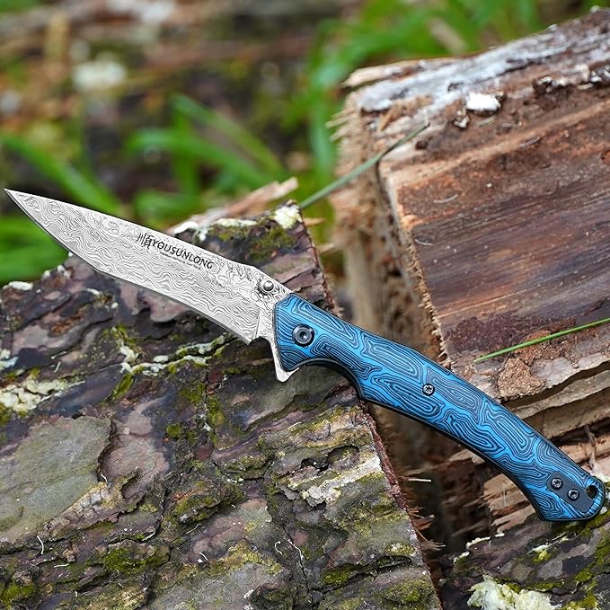YOUSUNLONG Folding Knife - Hammered Damascus Steel Blade - Blue Damascus texture G10 Cover