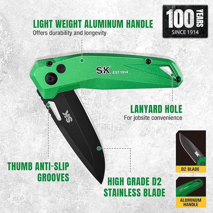 SK Folding Pocket Knife, Premium D2 Steel Blade, Aluminum Handle with Wire Belt Clip