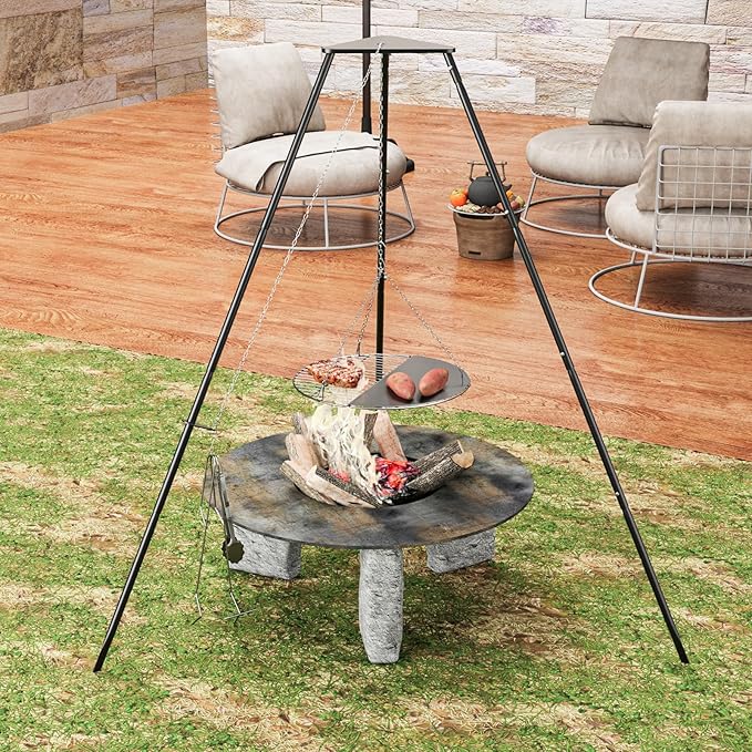 Campfire Tripod for Cooking, Campfire Cooking Equipment, Round Grill Grate with Adjustable Height for BBQ Picnic Outdoor Cookware Party & Collapsible Legs for Easy Storage