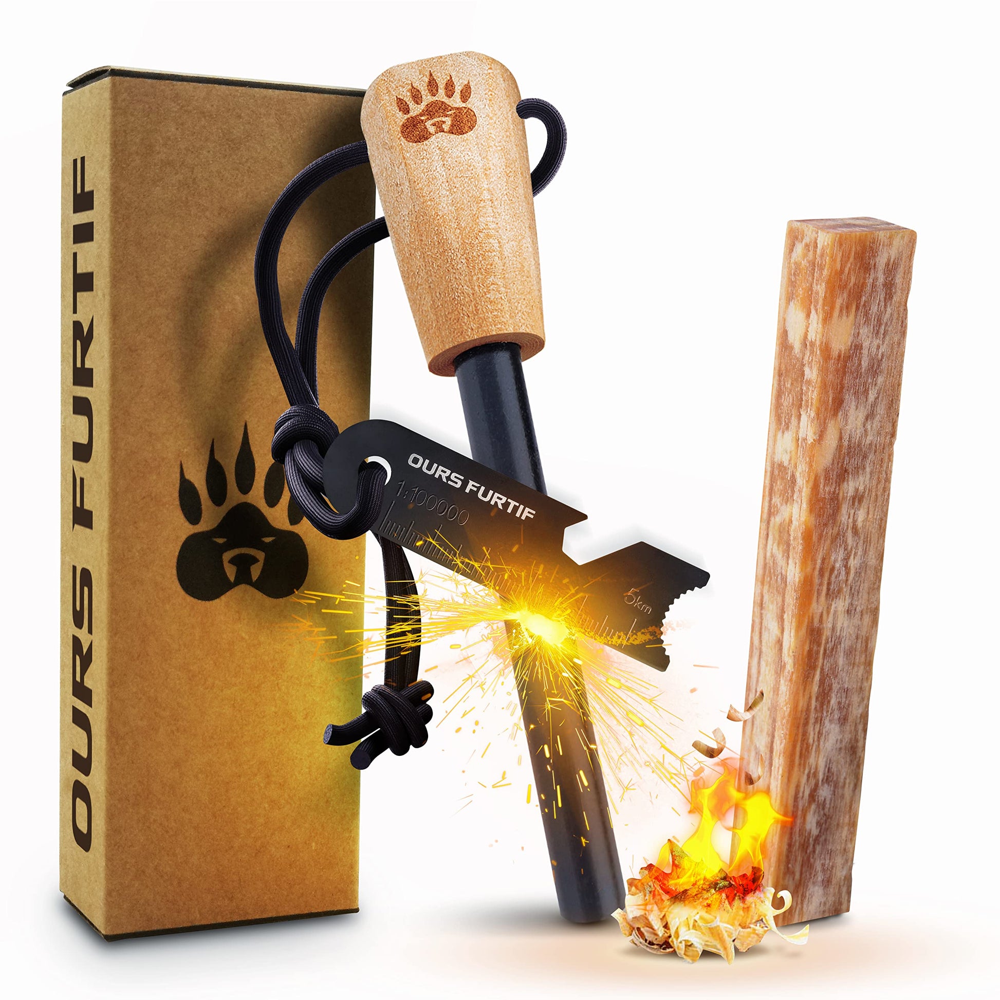 Ferro Rod Fire Starter Kit with Fatwood Tinder Stick - 3/8" Thick Ferrocerium Flint and Steel Fire