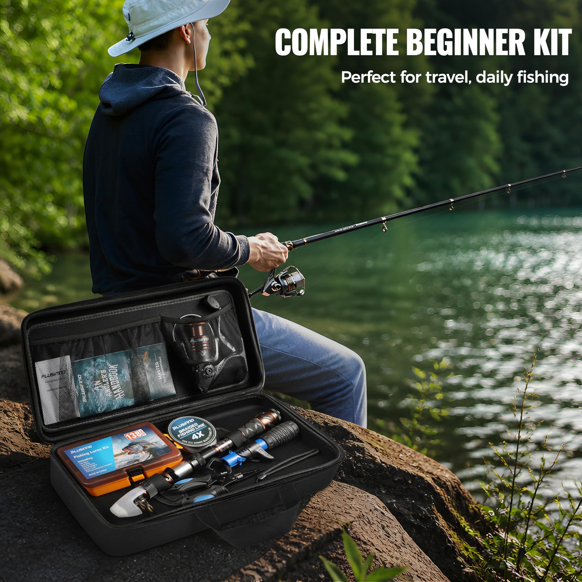 PLUSINNO Fishing Rod and Reel Combo with Telescopic Fishing Pole, Portable Travel Fishing Rods Kit