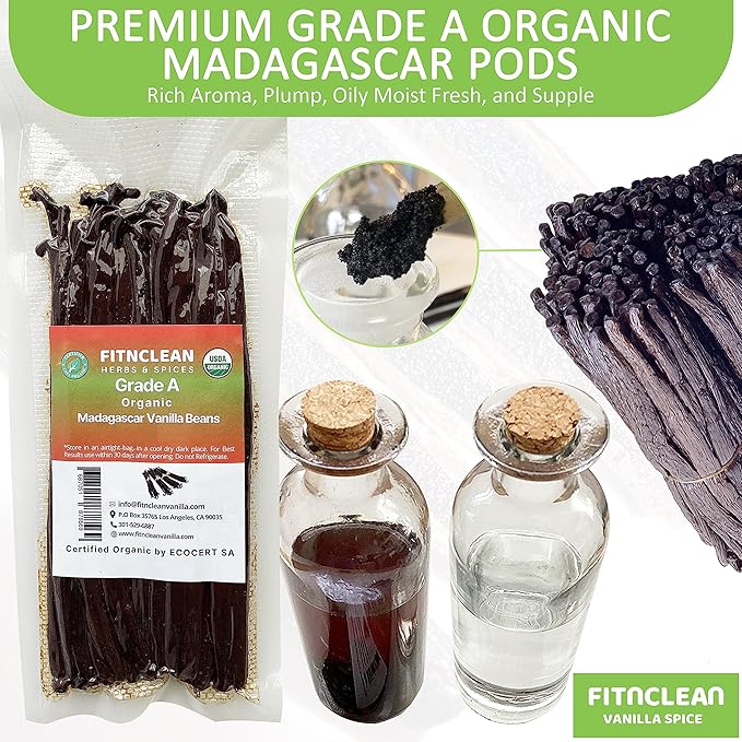 30 Organic Madagascar Vanilla Beans Grade A. Certified USDA Organic. ~6" for Chefs, Extract and Baking. Fresh Gourmet NON-GMO Whole Bourbon Pods by FITNCLEAN VANILLA