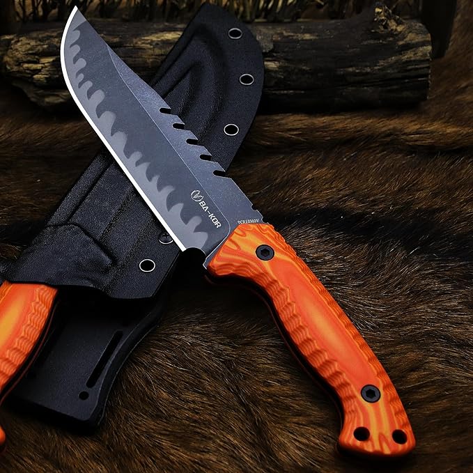 BA-KOR 12.4in Full Tang Fixed Blade Hunting Knife ??6mm 9CR18MoV Steel, G10 Handle, Stonewashed Sawback Blade with Kydex Sheath & Fire Starter for Outdoor, Camping, Survival (Orange with light yellow stripes)