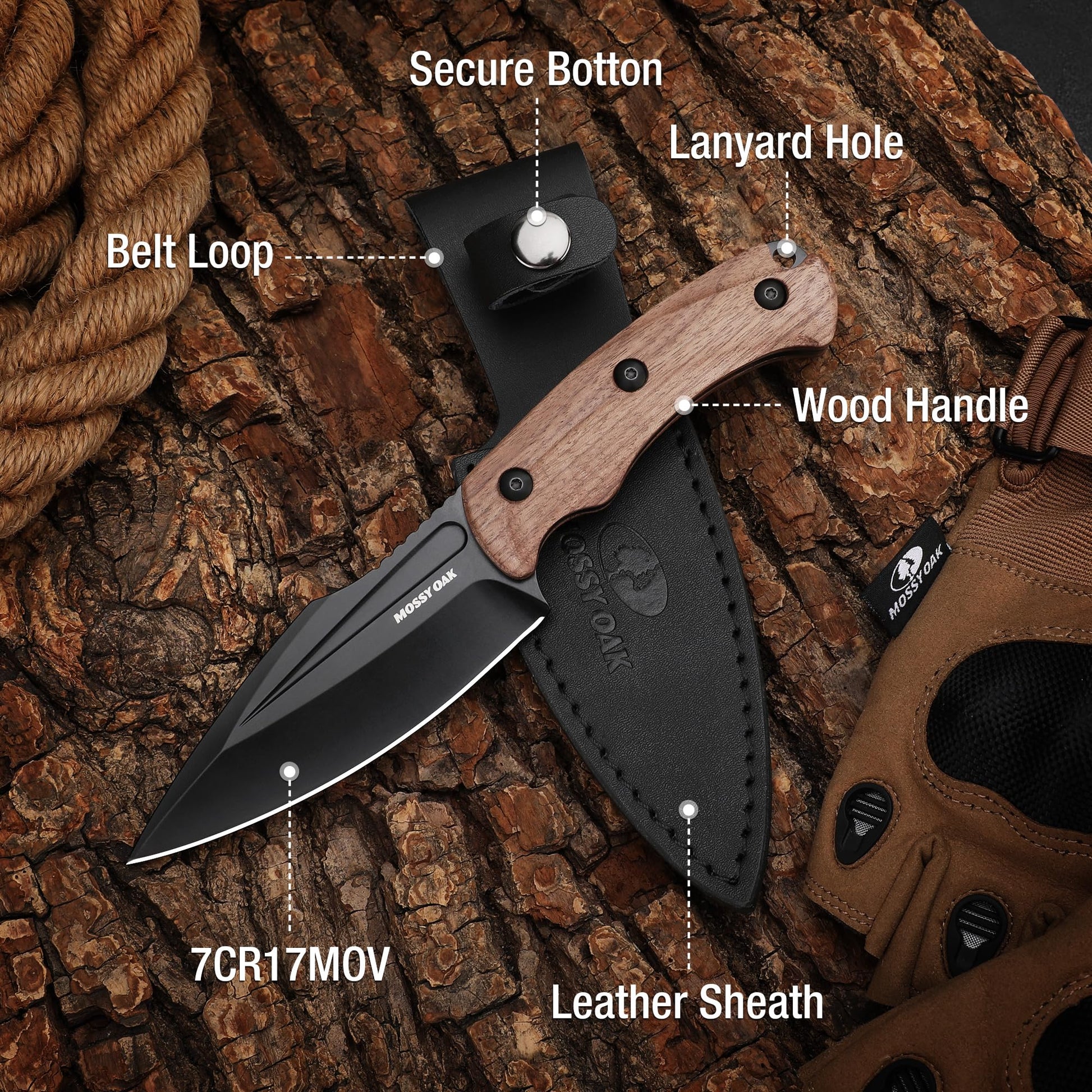 Mossy Oak 8.5" Full-tang Fixed Blade Knife w/Sheath (Wooden Handle-Brown)