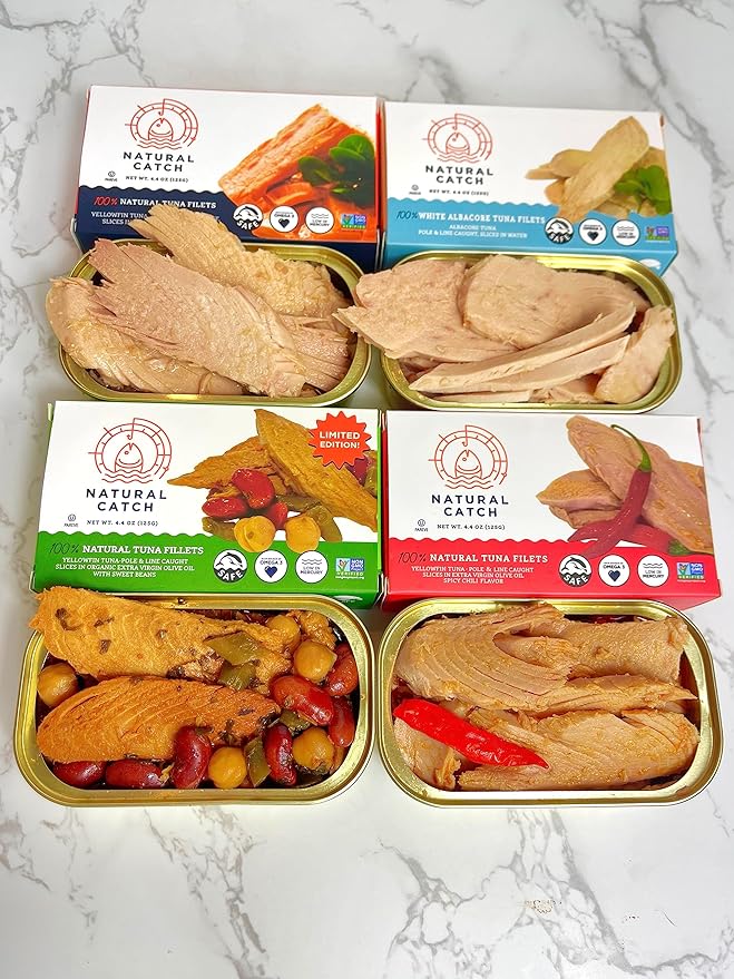 Natural Catch Tuna Filets Variety Pack, Hand Cut, Pole & Line Caught, 130 Calories Gluten-Free, Paleo, Keto Friendly, Premium Yellowfin & Albacore Tuna in Extra Virgin Olive Oil (4.4 oz per can- Pack of 12) (Variety)