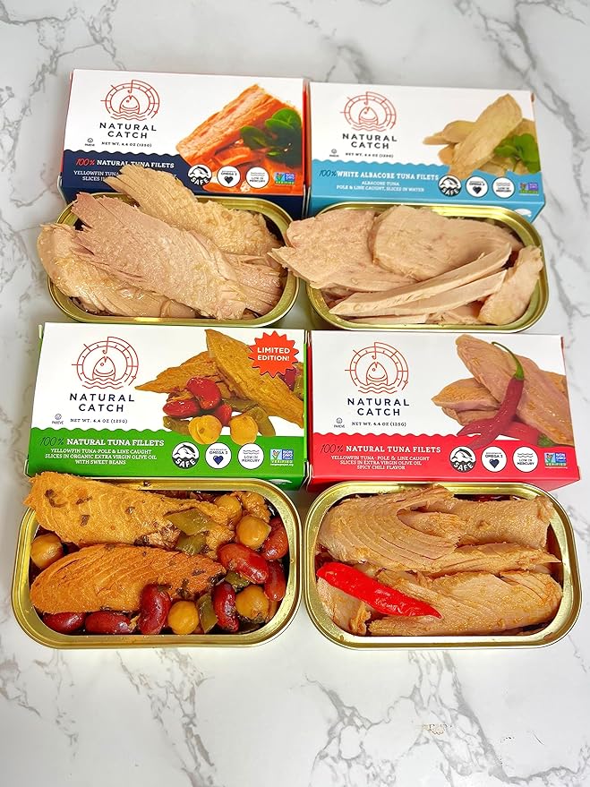 Natural Catch Tuna Sweet Bean Filets, Hand Cut, Pole & Line Caught, 130 Calories Gluten-Free, Paleo, Keto Friendly, Premium Yellowfin Tuna in Extra Virgin Olive Oil (4.4 oz per can- Pack of 12) (Sweet Bean)