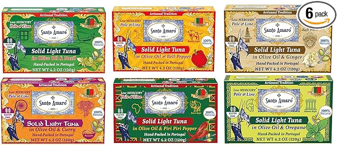Discoverer 6 Flavor Variety Pk Canned Wild Pole & Line Tuna Fillet in Olive Oil (6 Pk) Mediterranean Diet Turmeric Curry, Basil, Ginger, Piri Piri, Oregano, Bell Pepper - Hand-Packed in PORTUGAL