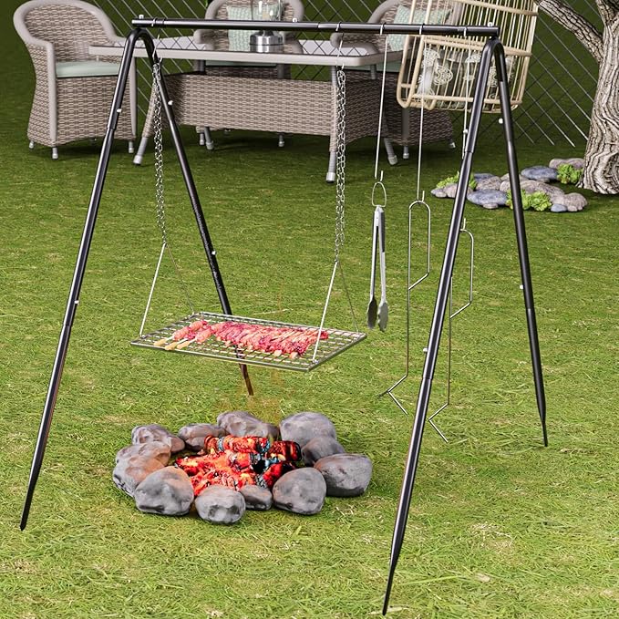 Grill Swing Campfire Cooking Stand with Stainless Steel Grill Grate for Cookware & Dutch Oven, Portable Cookware Hanging Rack, Outdoor Camping Bonfire with Adjustable Collapsible Legs with Hooks