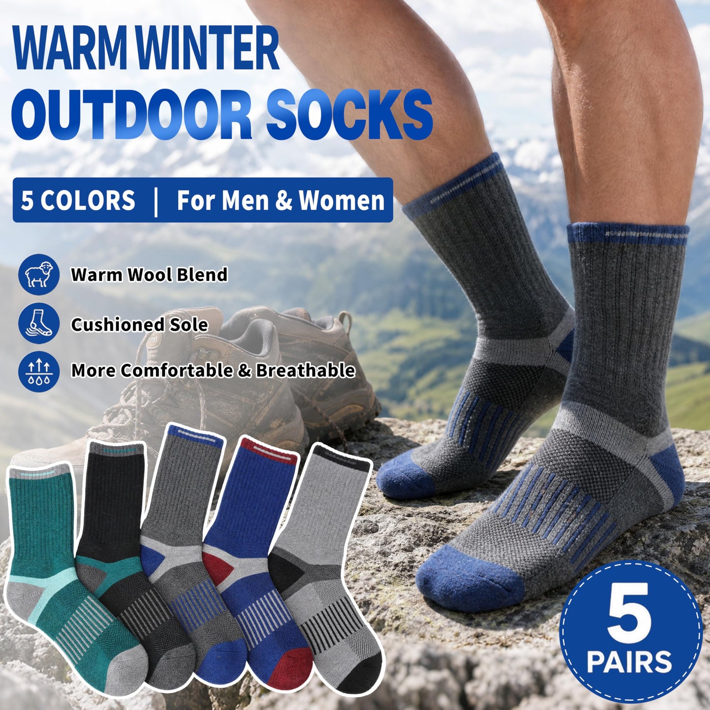 MOGGEI Merino Wool Hiking Socks for Men Warm Thermal Winter Cozy Work Crew Socks Gifts Stocking