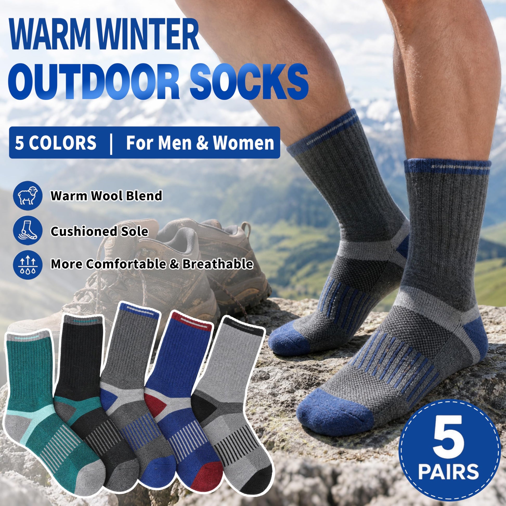 MOGGEI Merino Wool Hiking Socks for Men Warm Thermal Winter Cozy Work Crew Socks Gifts Stocking