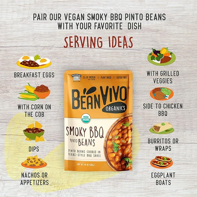 BeanVIVO (Pack of 6) Organics 15g Plant based Protein BBQ Pinto Beans - Good Source of Fiber - Nutritious & Microwave Meals - Gluten-Free Plant Food - 10 oz
