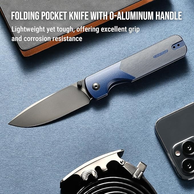 OKNIFE Duron Folding Pocket Knife, 3.5" PVD Coated Nitro-V Steel Blade, Frame Lock Lightweight O-Aluminum Ambidextrous Handle with Clip, Ideal EDC Tool for Outdoor, Camping & Survival (Navy Blue)