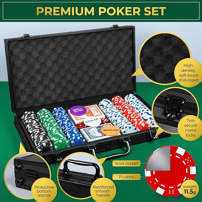 Poker Set with 300 Poker Chips 11.5 Gram for Texas Holdem ??Professional Weight Poker Chips Set with 2 Decks Cards, Big Small Dealer Buttons, and Dices ??Premium Poker in Aluminum Case