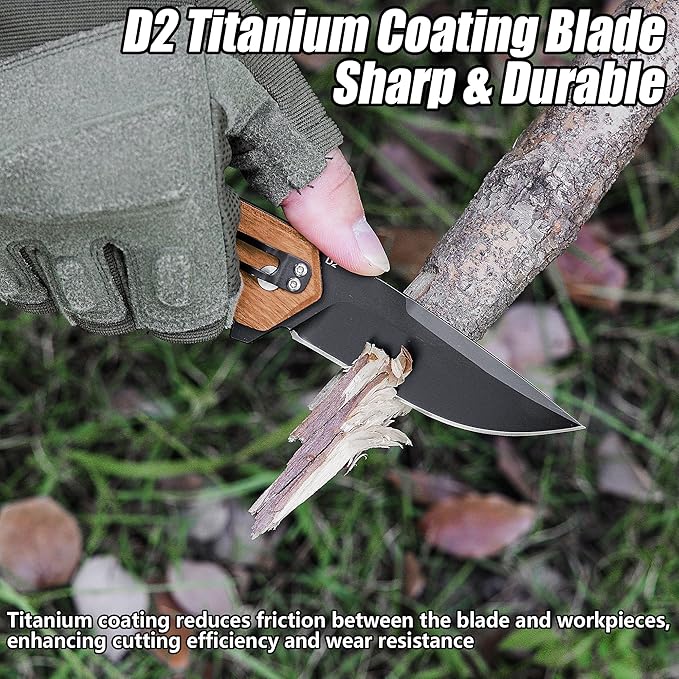 FLISSA Pocket Folding Knife, 3.2??D2 Blade Wood Handle EDC Knife with Button Lock and Pocket Clip for Hiking, Camping, Outdoor Activities