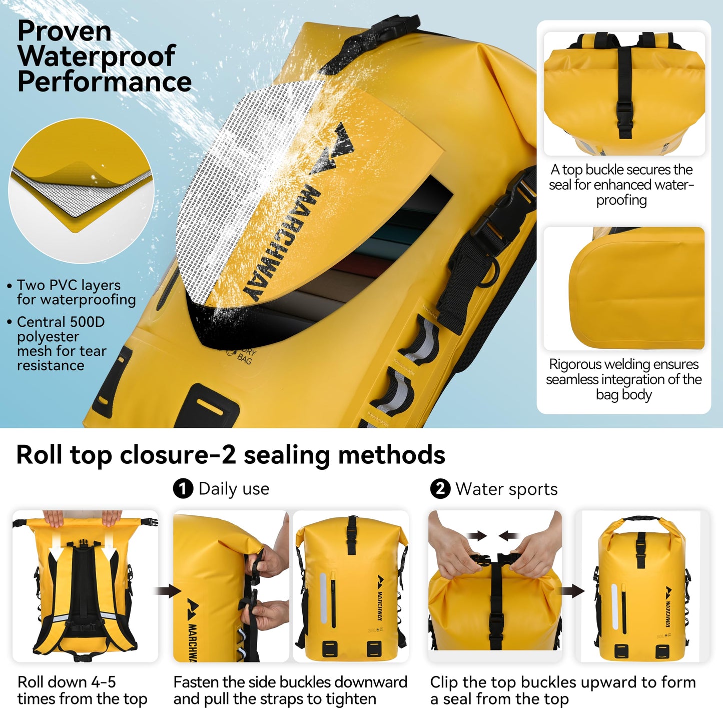 MARCHWAY Roll Top Waterproof Backpack, Floating Dry Bag 20L/30L/45L with Ergonomic Rectangular