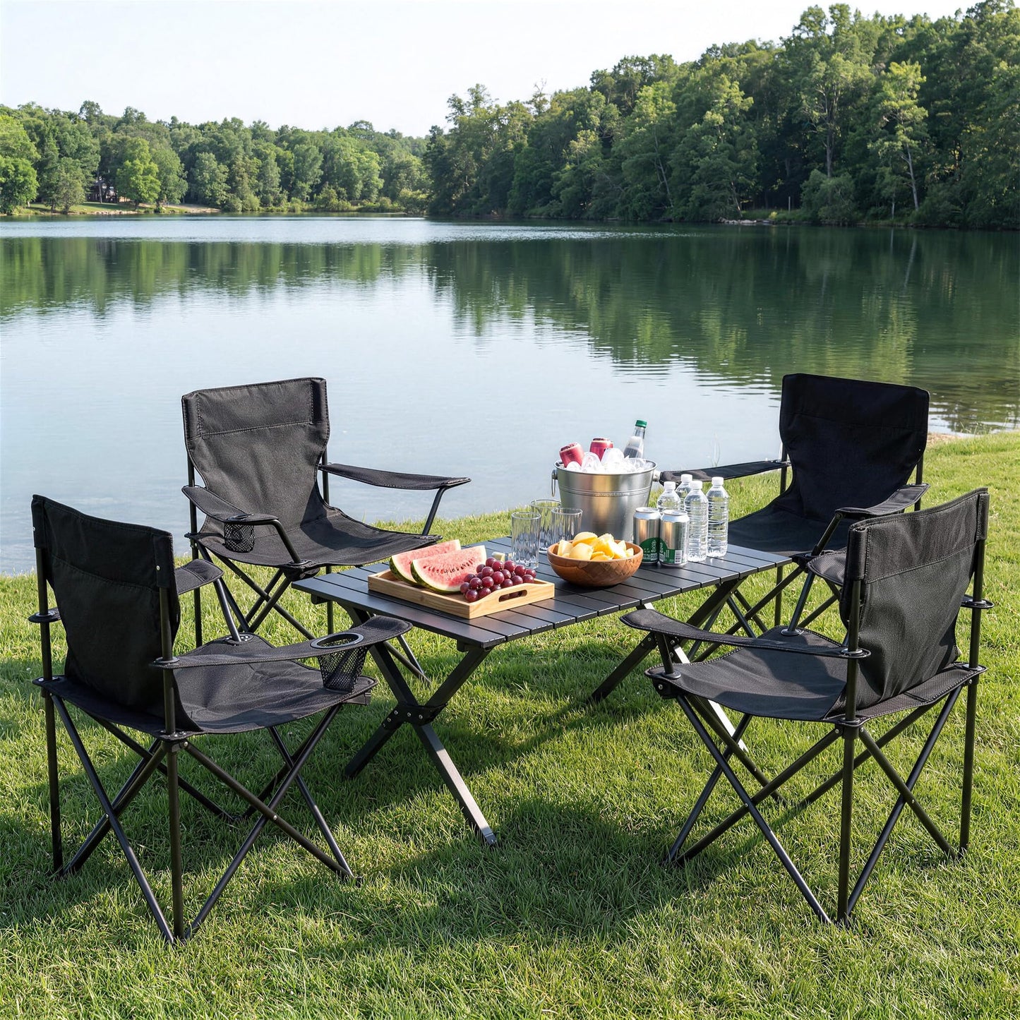 Geisoun 4 Pack Folding Camping Chairs with Table Set, Foldable Portable Lawn Chairs with Carry Bag