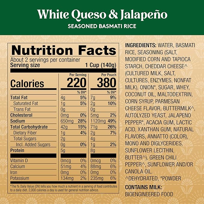 Royal White Queso & Jalapeno Basmati Rice - Ready to Heat Basmati Rice - (4 Pack) 8.5 oz Microwaveable Pouch