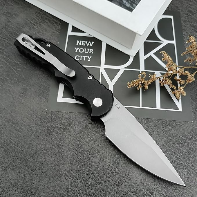 HUAAO 7.5??Assisted Opening Push Button Folding Pocket Knife, 2.8??D2 Blade Aluminum Alloy Handles with Pocket Clip and Lanyard Loop for EDC