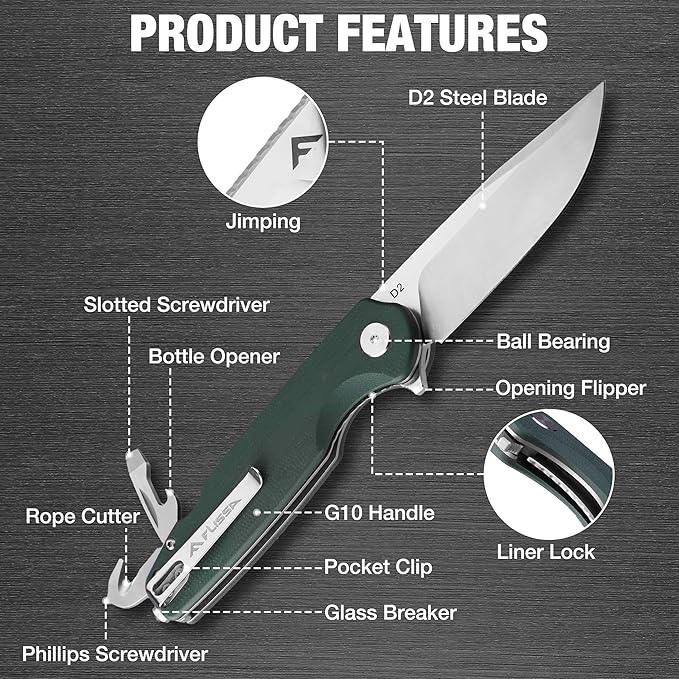 FLISSA Multitool Pocket Knife, 3.3" D2 Blade with G10 Handle, Liner Lock Folding Knife with Glass Breaker, Screwdrivers, Bottle Opener & Rope Cutter for EDC, Survival, Camping, Hiking