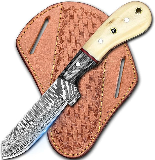 Cowboy Knives with Leather Sheath - 8??Sharp Handmade Damascus Bull Cutter Knife - EDC Fixed Blade Hunting Knife for Skinning, Camping, Bushcrafting and Outdoor Activities, white