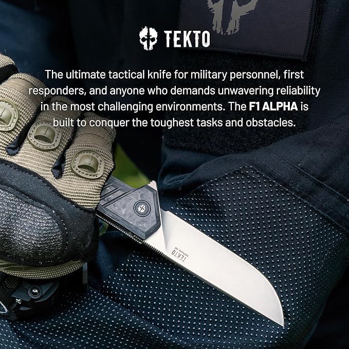 KNIVES F1 Alpha Folding Pocket Knife - Modified Straight Back Blade, Titanium Coated D2 Steel, Ideal for Camping & Backpacking, Tactical Forged Carbon Fiber Handle, Silver Titanium Accents