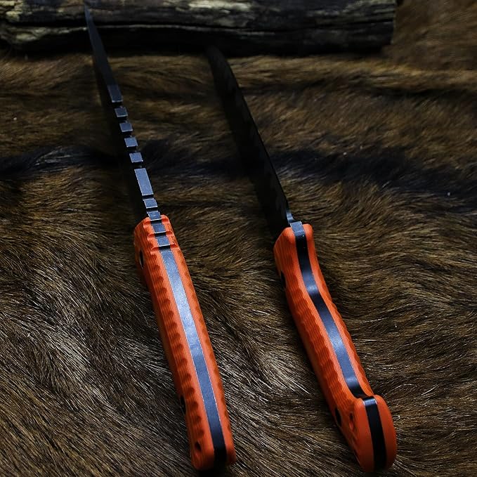 BA-KOR 12.4in Full Tang Fixed Blade Hunting Knife ??6mm 9CR18MoV Steel, G10 Handle, Stonewashed Sawback Blade with Kydex Sheath & Fire Starter for Outdoor, Camping, Survival (Orange with light yellow stripes)