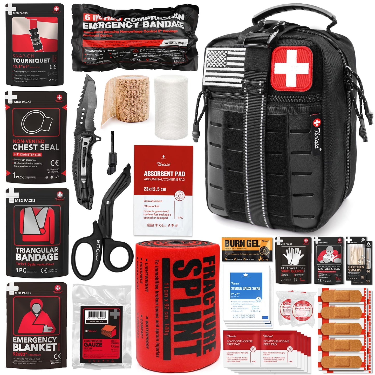 Survival First Aid Kit with Israeli Bandage, Chest Seal, Tourniquet, Splint, Tactical Military