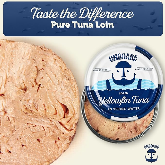 ONBOARD Premium Yellowfin Tuna in Spring Water - 12 Pack Solid Light 5 Oz Cans Sustainably Wild Caught Canned Tuna, Non GMO, Gluten Free, Tinned Fish 24g Protein ??Ingredient Rich Tuna for Salad and Recipes
