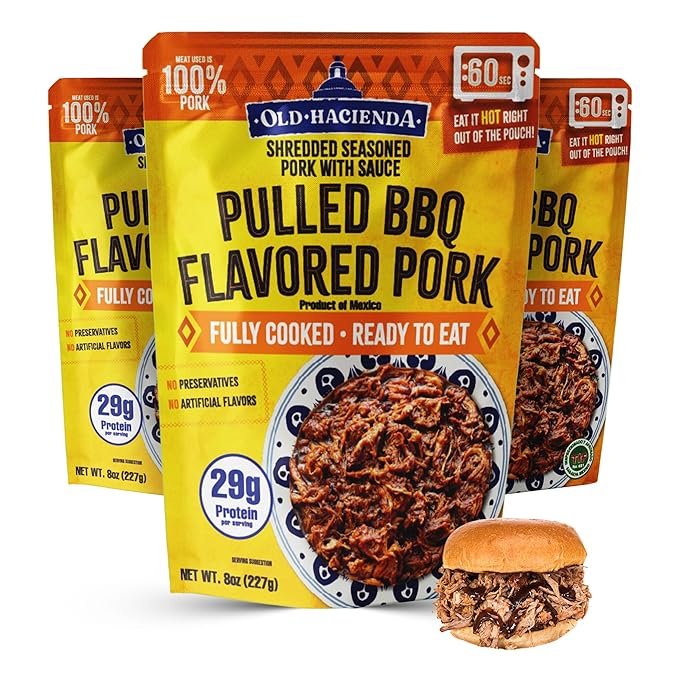Old Hacienda Pulled BBQ Flavored Pork | 100% Shredded Seasoned Pork with Sauce | Fully Cooked & Ready to Eat | 29g Protein | No Preservatives or Artificial Flavors | BPA Free Pouch | Pack of 3-8oz