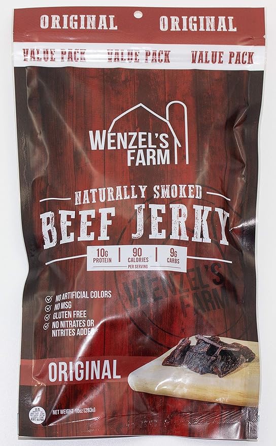 Wenzel's Farm Original Beef Jerky 10 oz. | Naturally Smoked | No MSG, Fillers, Binders, Artificial Colors | Gluten Free