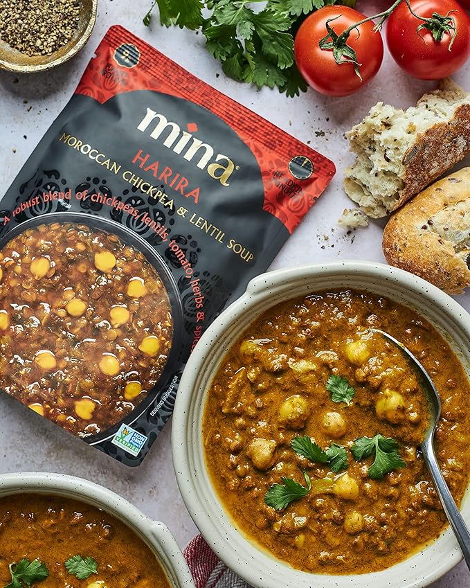 Mina Harira, Moroccan Chickpea & Lentil Soup, Ready to Eat Meals,10 oz Gluten Free Soup, High In Plant Based Protein, Microwavable Soup, Vegan, Non-GMO, Packaged Meals & Side Dishes (Pack of 6)