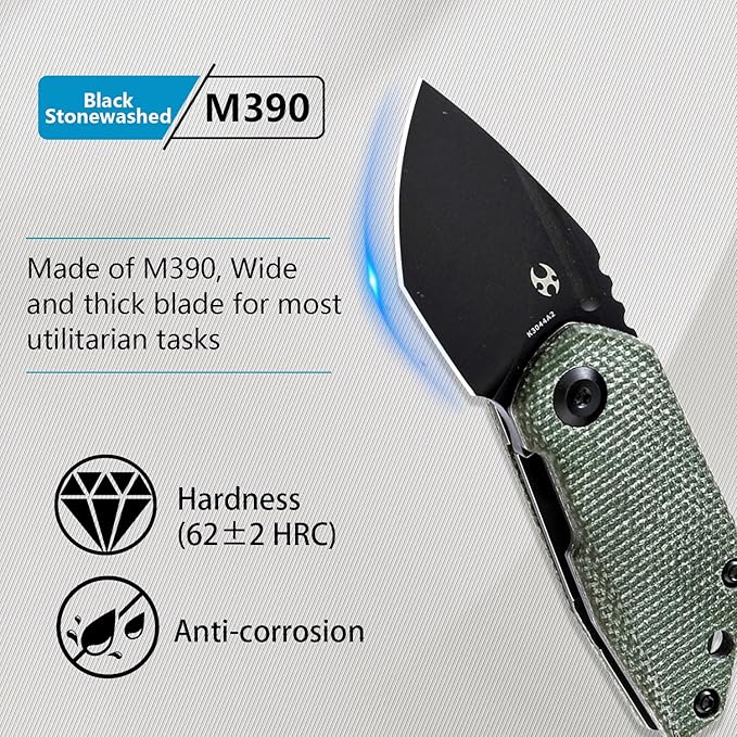 KANSEPT RIO Mini Pocket Folding Knives EDC Camping Folding Knife 1.56'' Black Stonewashed M390 Blade Pocket EDC Knife with Green Micarta Handle Everyday Carry K3044A2