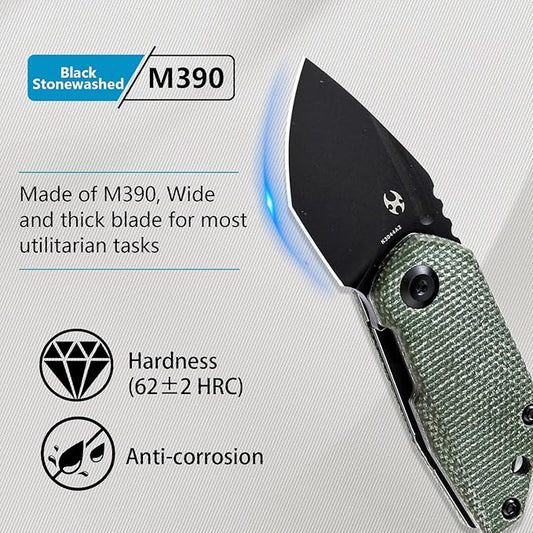 KANSEPT RIO Mini Pocket Folding Knives EDC Camping Folding Knife 1.56'' Black Stonewashed M390 Blade Pocket EDC Knife with Green Micarta Handle Everyday Carry K3044A2