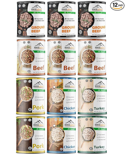 MOUNTAIN ESSENTIALS Fully Cooked Ready to Eat Canned Meat Variety Pack 28 Oz – 3 Beef, 3 Ground Beef, 2 Chicken, 2 Turkey, 2 Pork – Pantry Staples for Daily Use & Emergency Meals – Made in USA 12 Pack