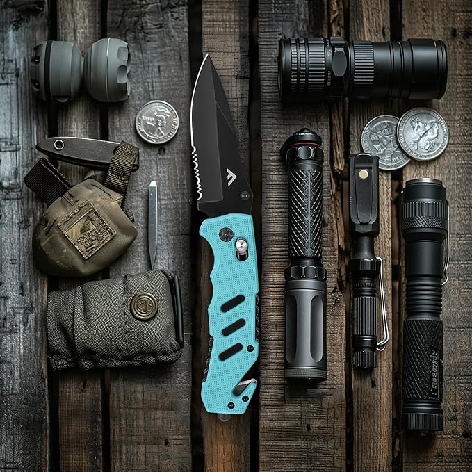 FLISSA Folding Pocket Knife with Clip, Glass Breaker and Seatbelt Cutter, Survival Knife for Emergency Rescue Situations, EDC Knife for Tactical, Hunting, Camping, Outdoor, Unique Gifts for Dad, Father-Blue