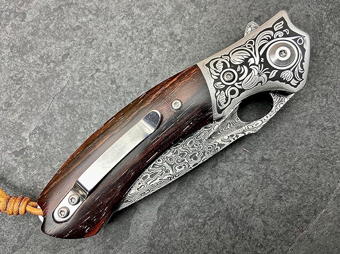 TACTICAL GEARZ Damascus Pocket Folding Knife, Natural Rosewood Handle, Damascus Steel Blade, Includes Custom Stitched Leather Sheath (Reno XT)