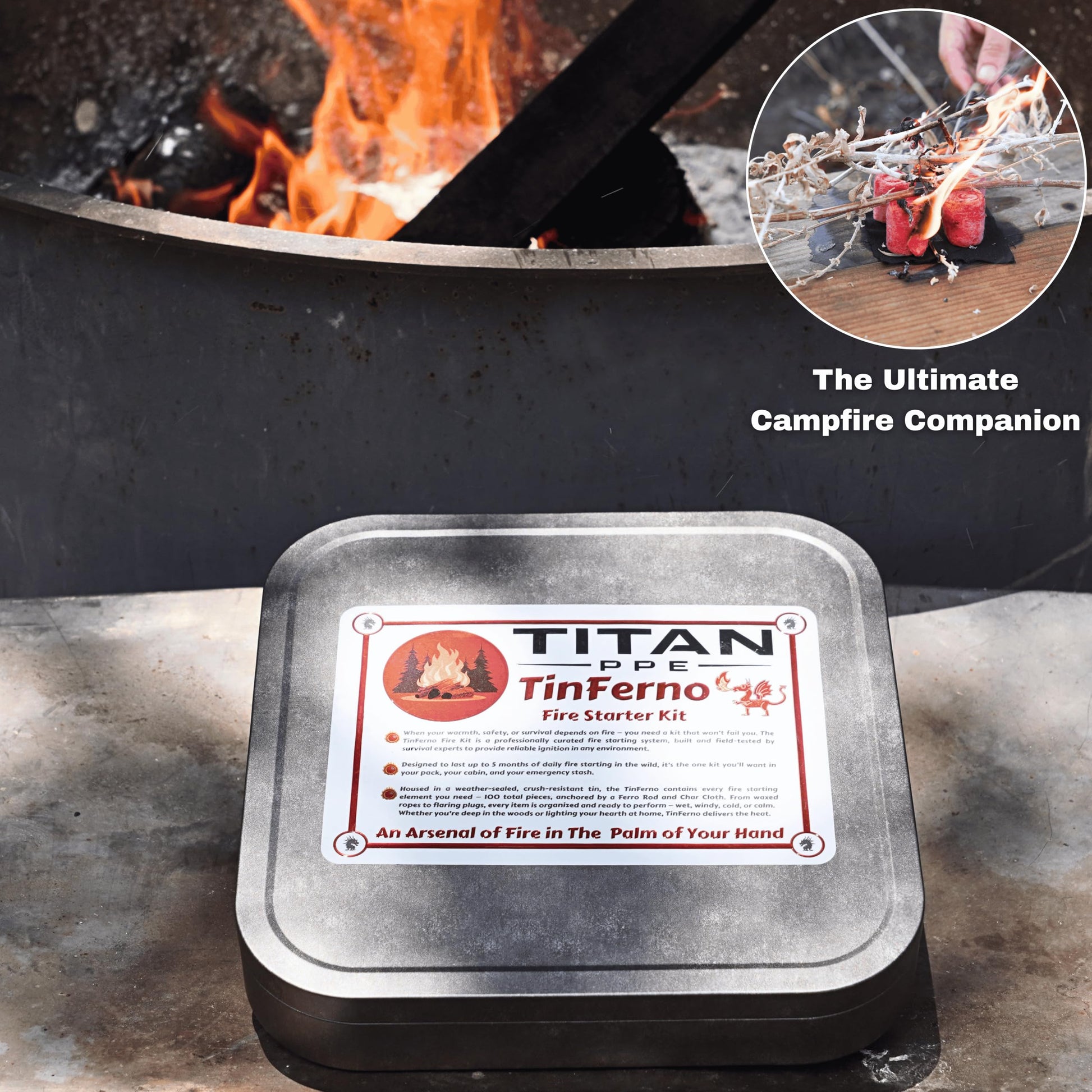 TinFerno Fire Starting Kit – 100pc Fire Starter for Campfires, Ferro Rod, Magnesium Flint, Char