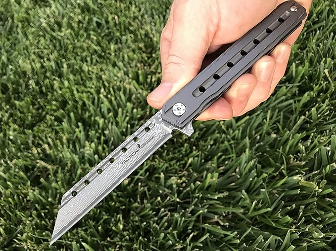 TACTICAL GEARZ Damascus Pocket Knife for EDC, Solid Titanium Handle, 67 Multi-Layered Damascus Steel VG10 Tanto Blade (Onyx XT Midnight)